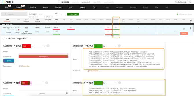 The general status of standard API and PNR submissions is displayed in FL3XX under the Migration tab. Below the color-coded status bar, there is a brief status update history pulled from PnrGo, with time-stamps.