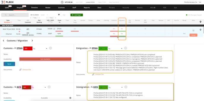 The general status of standard API and PNR submissions is displayed in FL3XX under the Migration tab. Below the color-coded status bar, there is a brief status update history pulled from PnrGo, with time-stamps.