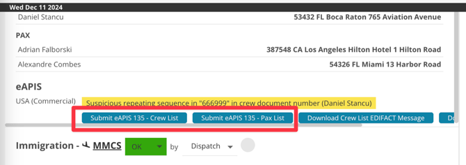 Finally, you can submit eAPIS. Press the button(s) to send Pax and Crew.