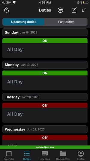 Duties screen