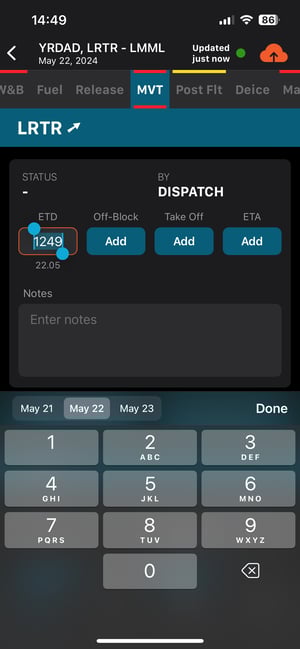 All MVT fields, including ETD, Off-block, Take-off, ETA
