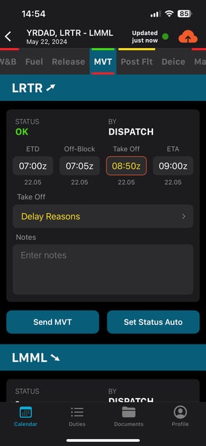 All MVT fields, including ETD, Off-block, Take-off, ETA