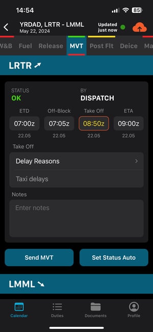 All MVT fields, including ETD, Off-block, Take-off, ETA
