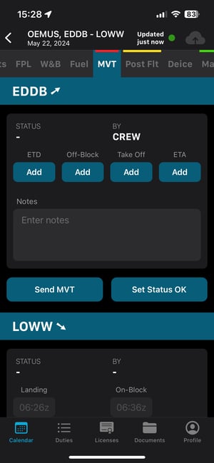 In the Crew app, you can edit and send MVT data only when the MVT status is set to "BY Crew"