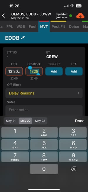 In the Crew app, you can edit and send MVT data only when the MVT status is set to "BY Crew