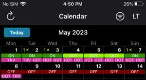 Calendar & Duties Panel in Local Time (LT)
