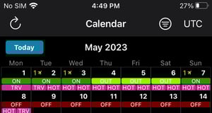 Calendar & Duties Screen in Coordinated Universal Time (UTC)