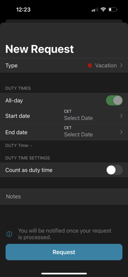 You can submit your new request by clicking the "+" icon.