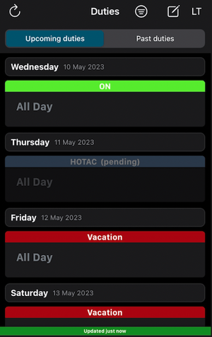 Upcoming duties 