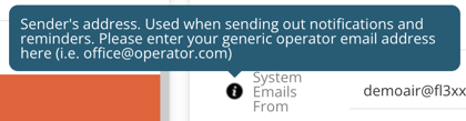 ystem Emails From tooltip in the Settings page