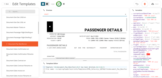 Pax Manifest template selected with all sections expanded.