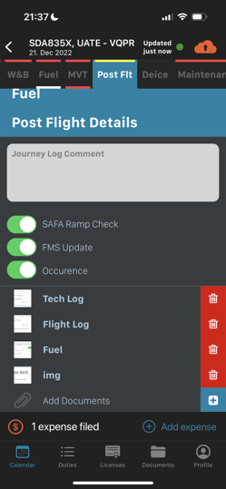 Post Flight Journey Log