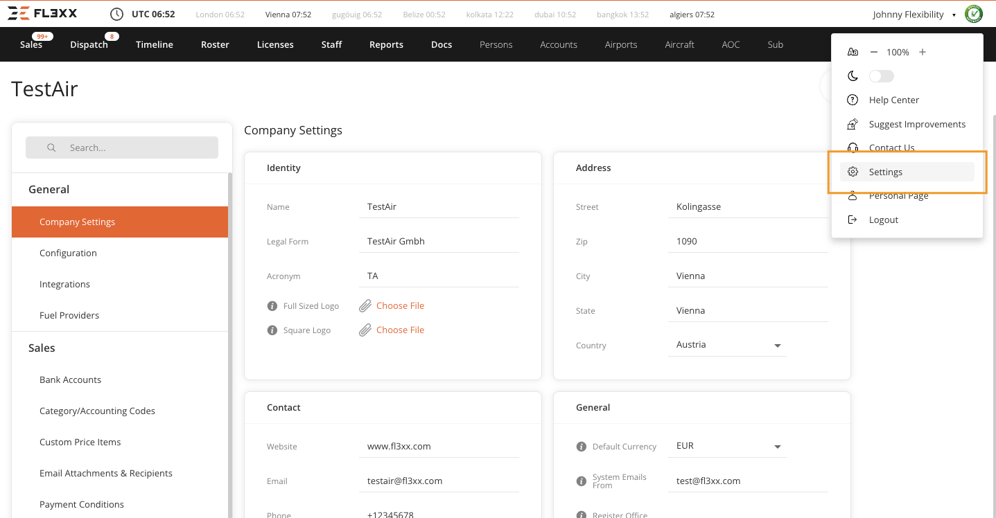 Screenshot of the Company Settings section of the FL3XX Settings page.