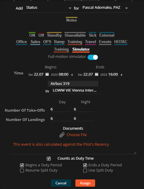 The crew activities are tracked in the Roster, Post Flight and in Reports