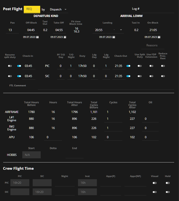 The crew activities are tracked in the Roster, Post Flight and in Reports: